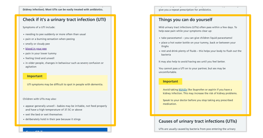 Illustration highlighting symptoms and self-care content modules within the urinary tract infections topic on the NHS website